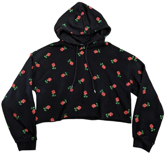 (2/$25) F21 cropped rose printed hoodie black and floral - Picture 1 of 11